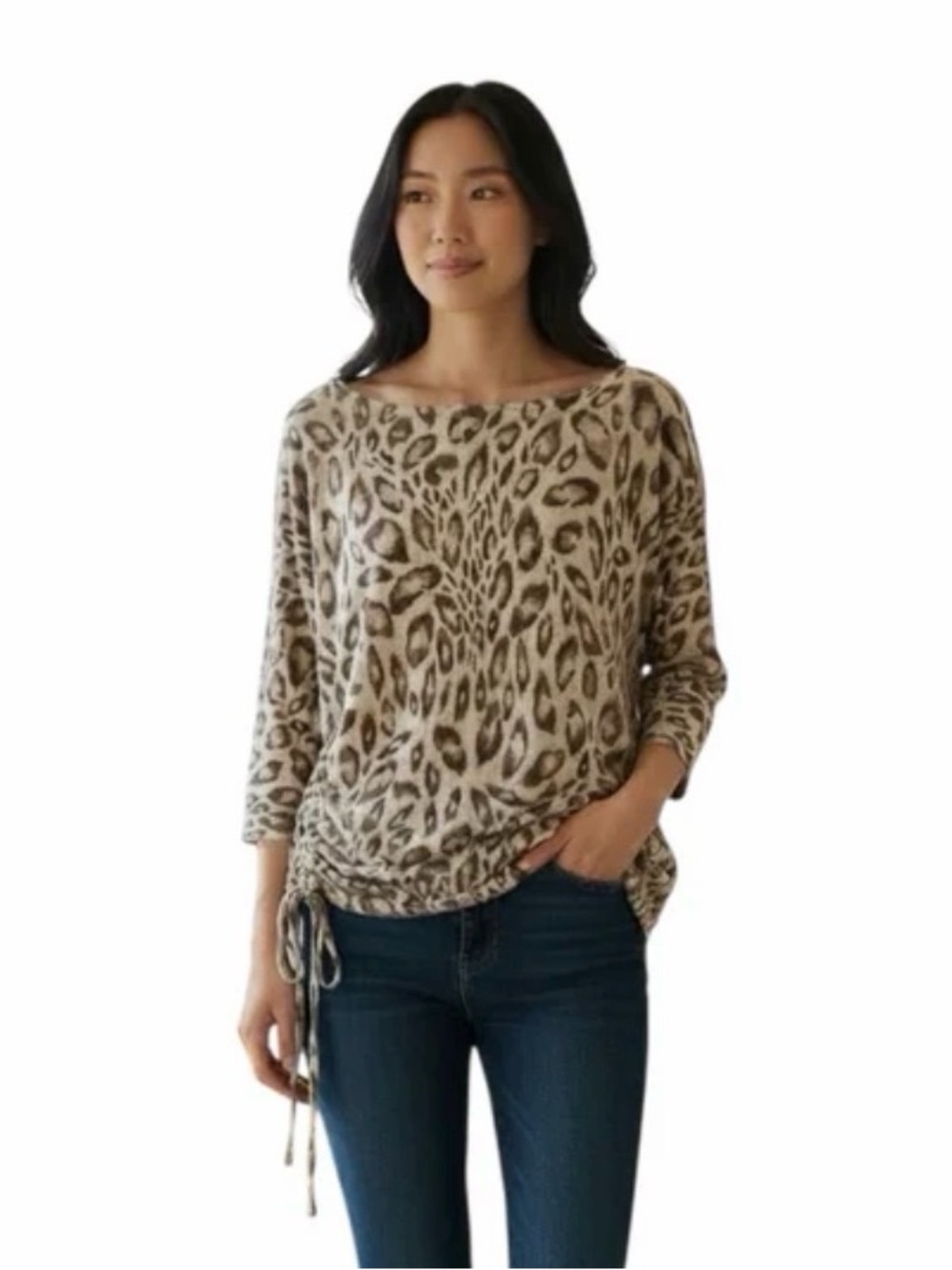 EXPRESS Animal Print Dolman Cotton Long Sleeve Top Side Ruching size Medium